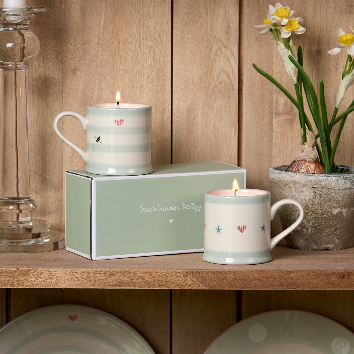 One Anya candle mug lit on a wooden shelf beside daffodils