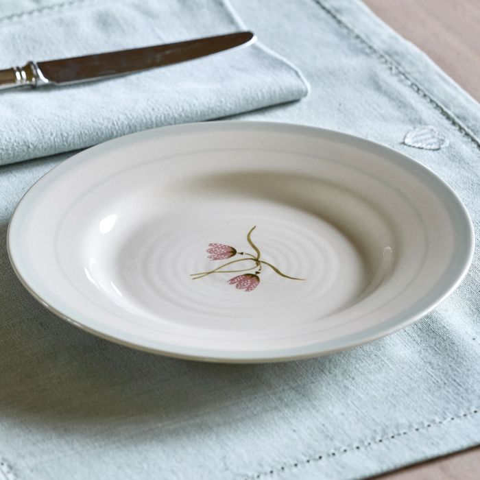 Fritillary side plate on a pale linen cloth, single hand-painted stem