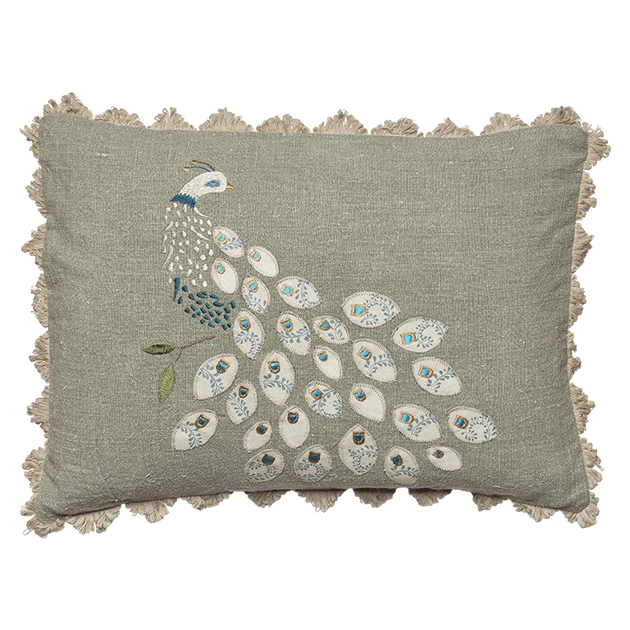 Embroidered Peacock Shalini Linen Cushion