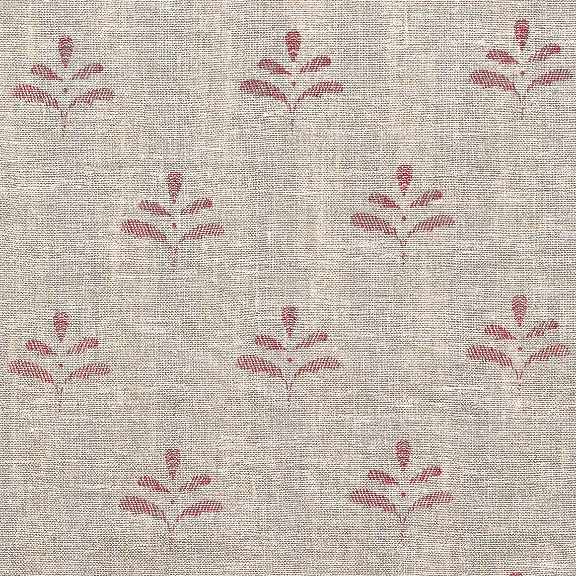 Indian Red Leaf hand-printed rustic linen flat, red sprigs on natural ground