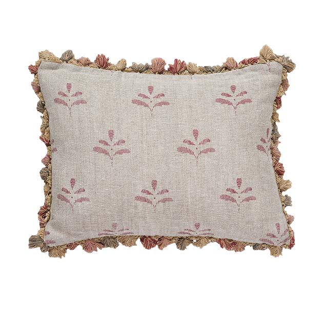 Red Leaf Rustic Linen Cushion with Tassels