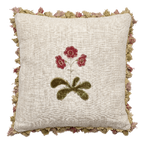 Embroidered Rose Auricula Rustic Linen Cushion with Tassels