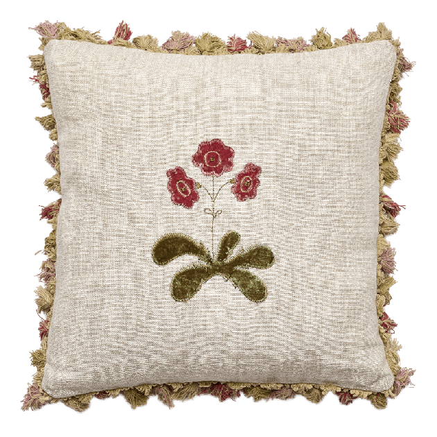 Embroidered Rose Auricula Rustic Linen Cushion with Tassels