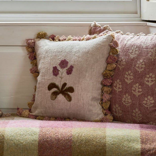 Embroidered Rose Auricula Rustic Linen Cushion with Tassels