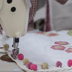 Embroidered Auriculas Cotton Cushion