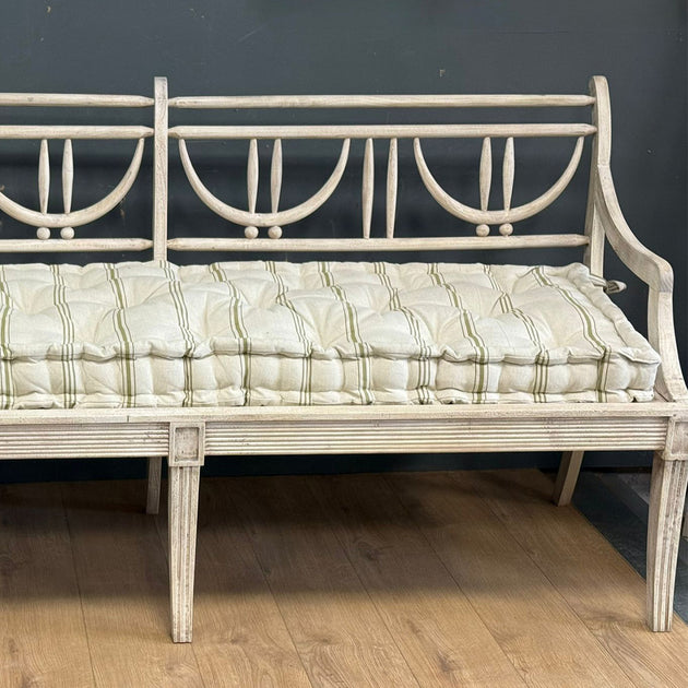 Olive Vintage Stripe Caned Sofa Box Cushion with ties