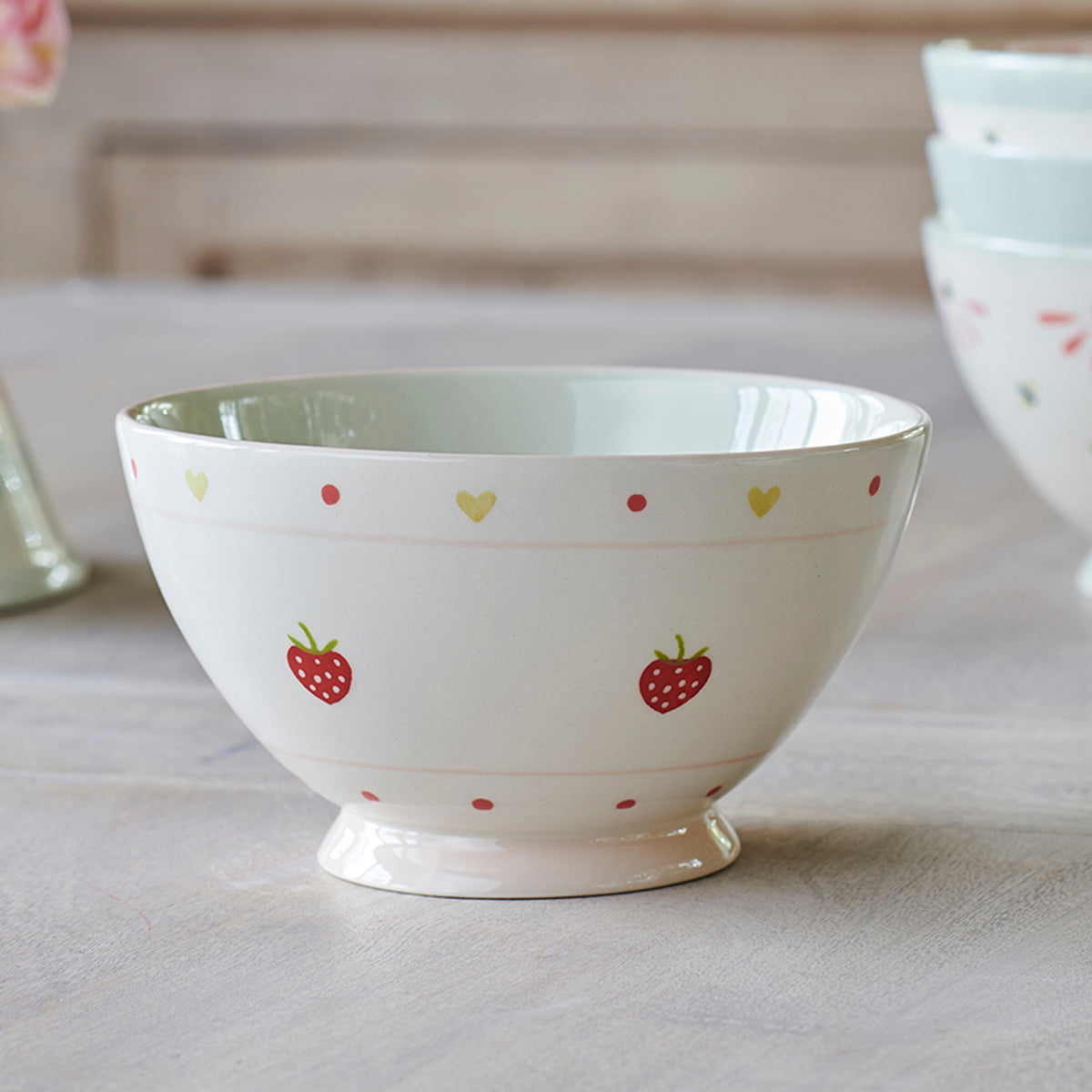 Strawberry French bowl hand-painted with strawberries and coloured spots