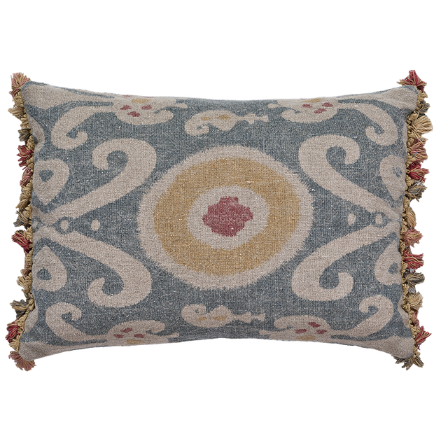 Summer Blue Bukhara Rustic Linen Cushion with tassels Susie Watson Designs