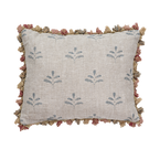 Blue Leaf Rustic Linen Cushion with Tassels