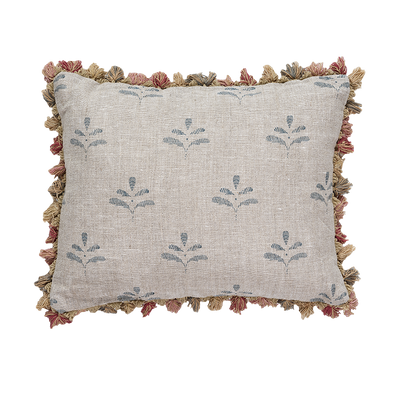 Blue Leaf Rustic Linen Cushion with Tassels