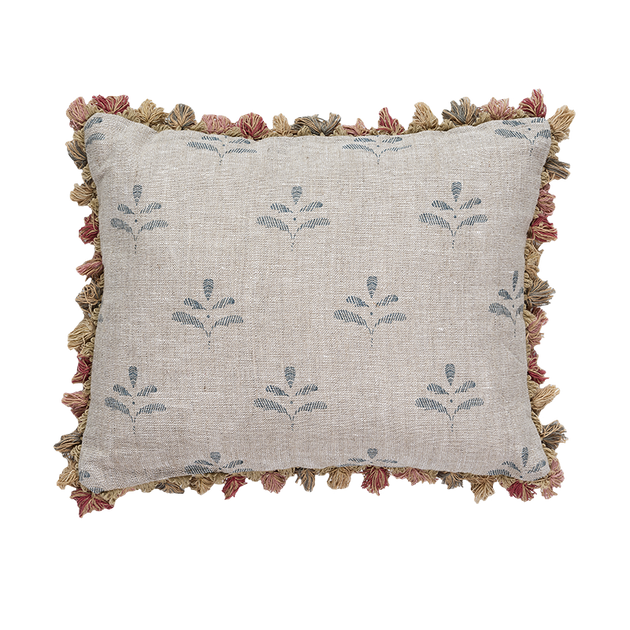 Blue Leaf Rustic Linen Cushion with Tassels