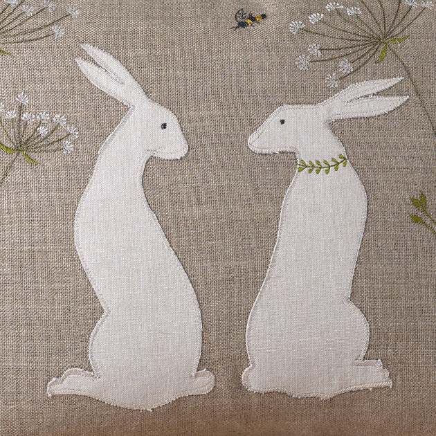 Embroidered Summer Hares Linen Cushion