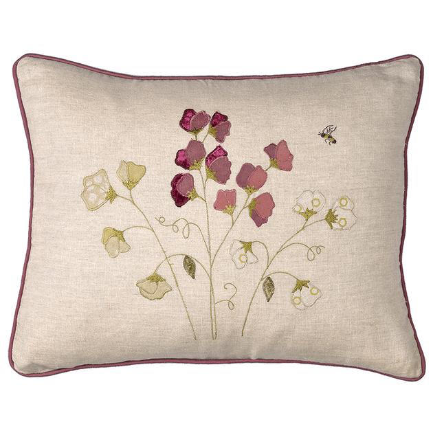 Embroidered Sweet Peas Linen Cushion