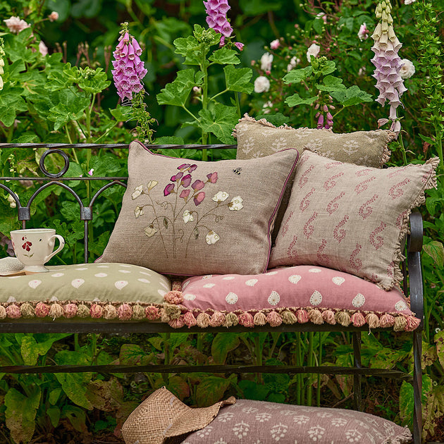 Embroidered Sweet Peas Rustic Linen Cushion