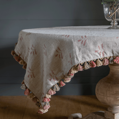 Red Leaf Rustic linen Tablecloth/Bridge Cloth - Tassels