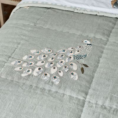 Smokey Blue Embroidered Peacocks Linen Quilt - King Size