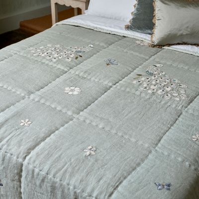 Smokey Blue Embroidered Peacocks Linen Quilt - King Size