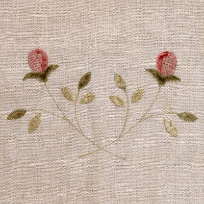 Pink Rosebud Embroidered White Rustic Linen Panel – 142LW